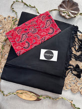 Black Handloom Cotton Saree With Red Print Blouse